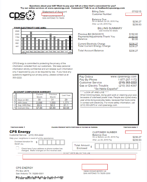USA CPS ENERGY utility bill Word and PDF template